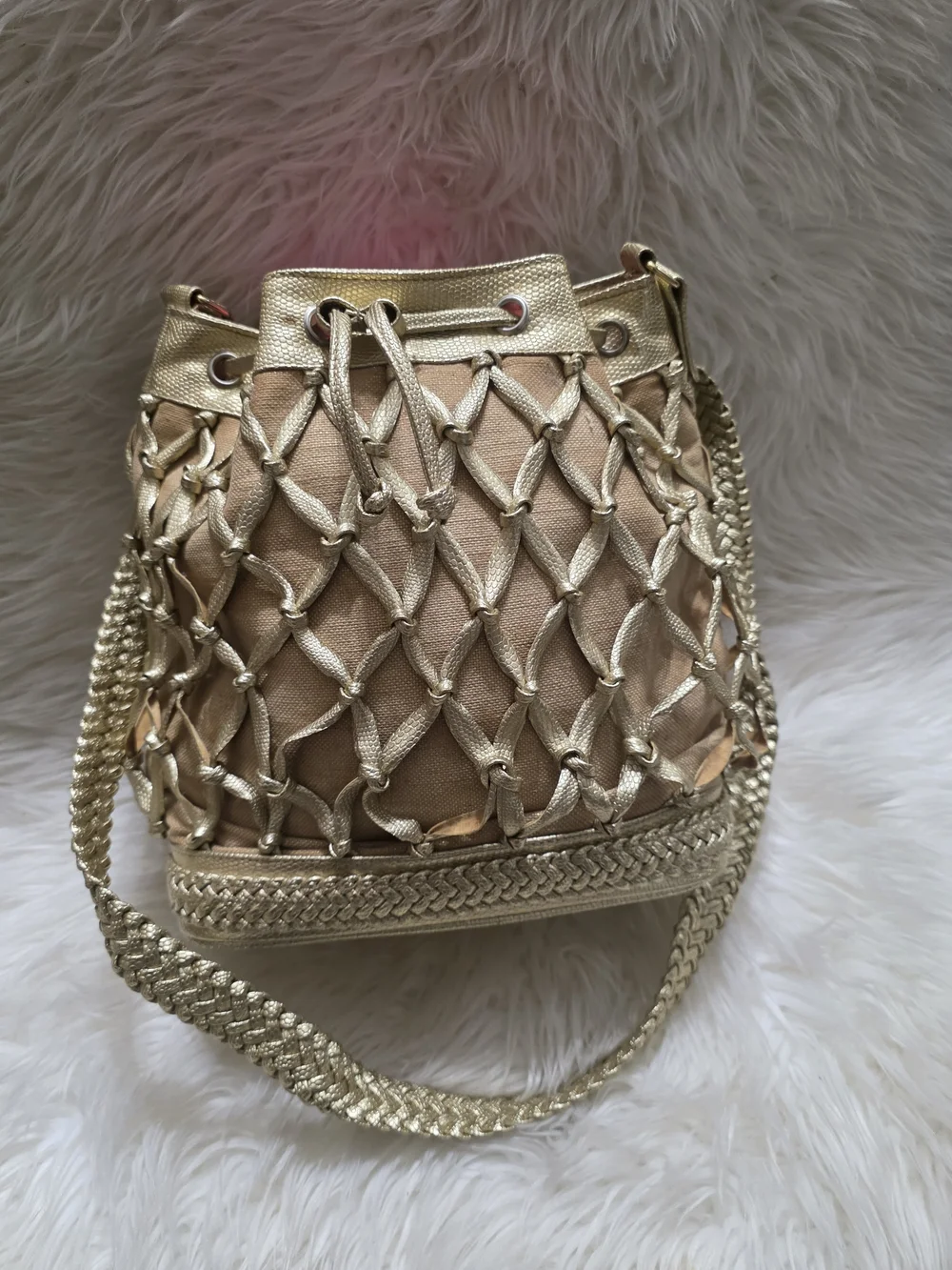 Metallic Gold Woven Drawstring Shoulder Bag